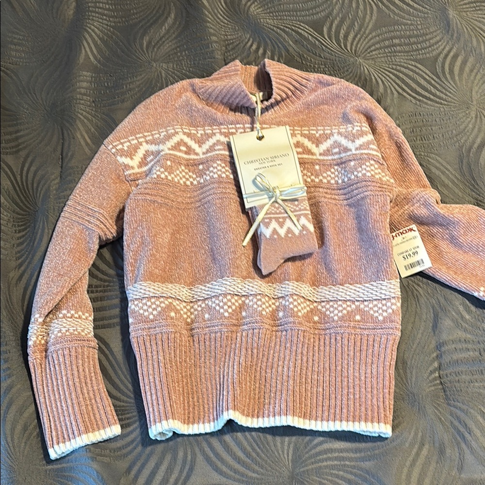 Women's Pink Sweater with White Pattern with matching socks